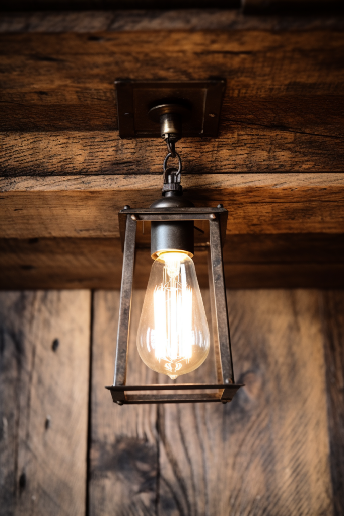 An inspiringly rustic light fixture hanging from a wooden ceiling in a countryside house interior design.