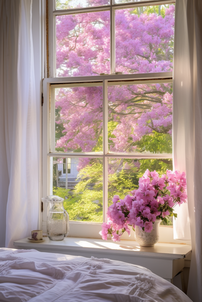 An inspiring window with a view of a flowering tree in a countryside house.