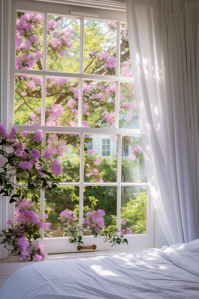 A white bed with purple flowers in the window adorns the interior of a Countryside House.