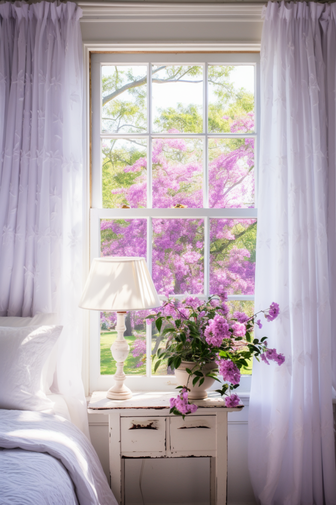 A beautiful countryside house interior design inspiration featuring a white bed with purple flowers in front of a window.