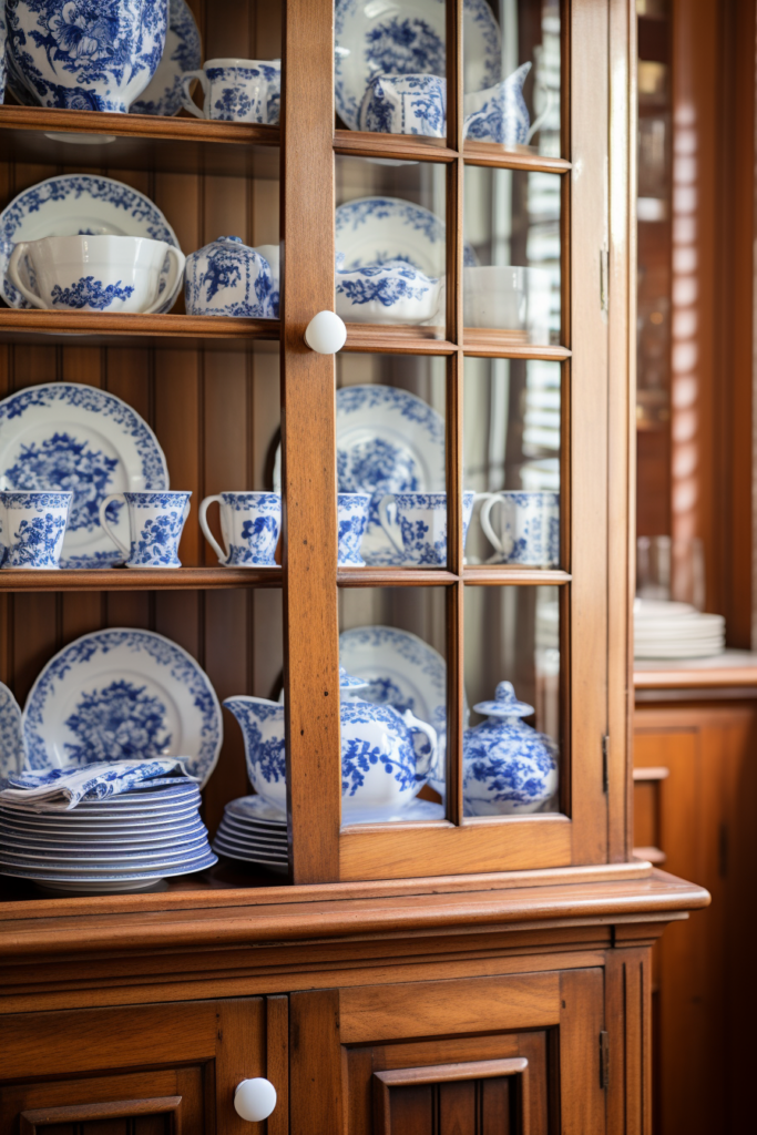 A countryside house with interior design inspiration features a beautiful blue and white china cabinet.