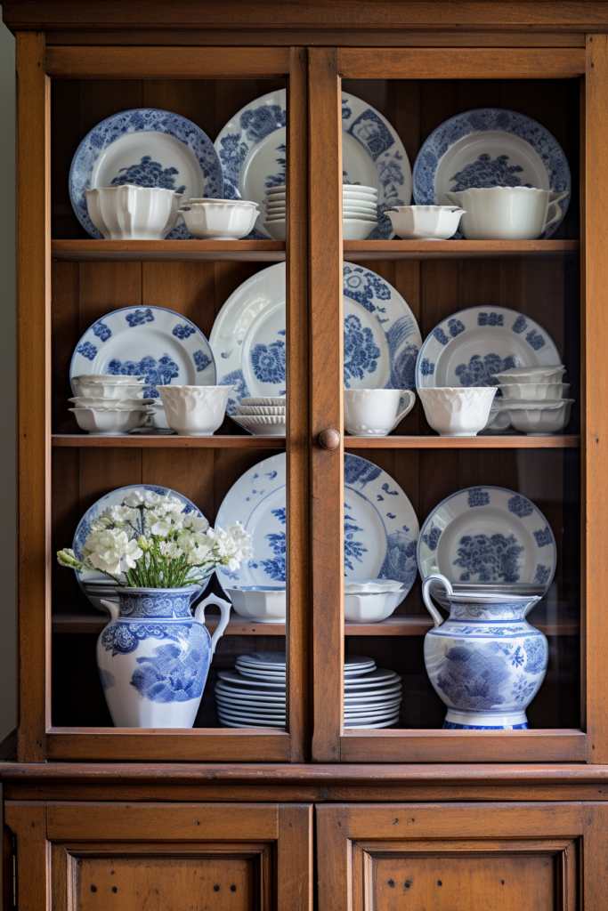 A country house china cabinet filled with blue and white dishes.