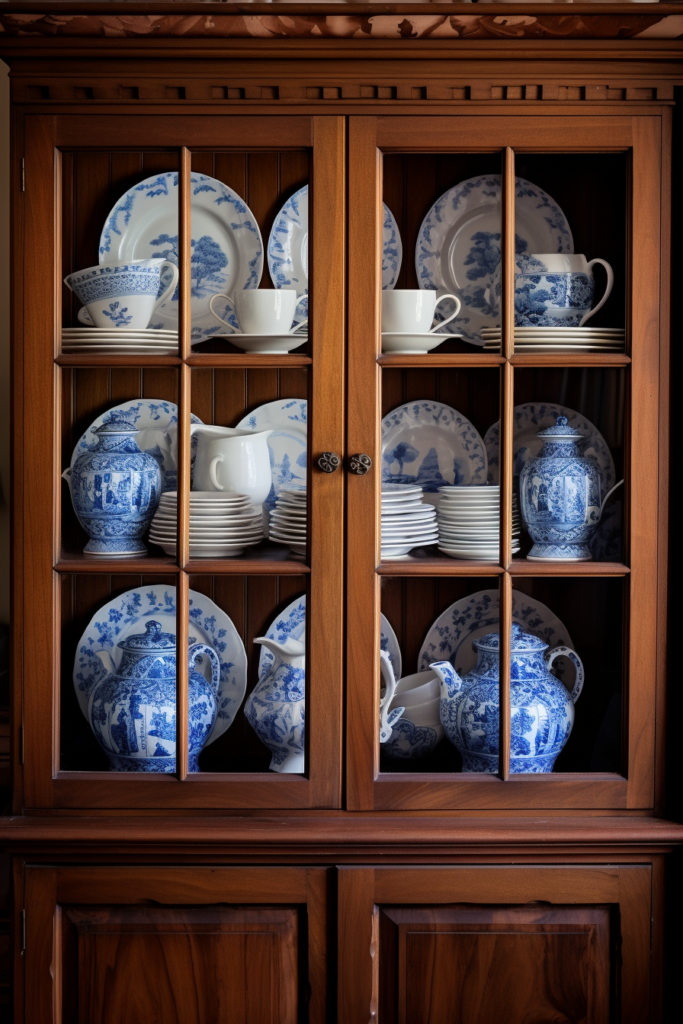 Blue and white china cabinet in a countryside house.