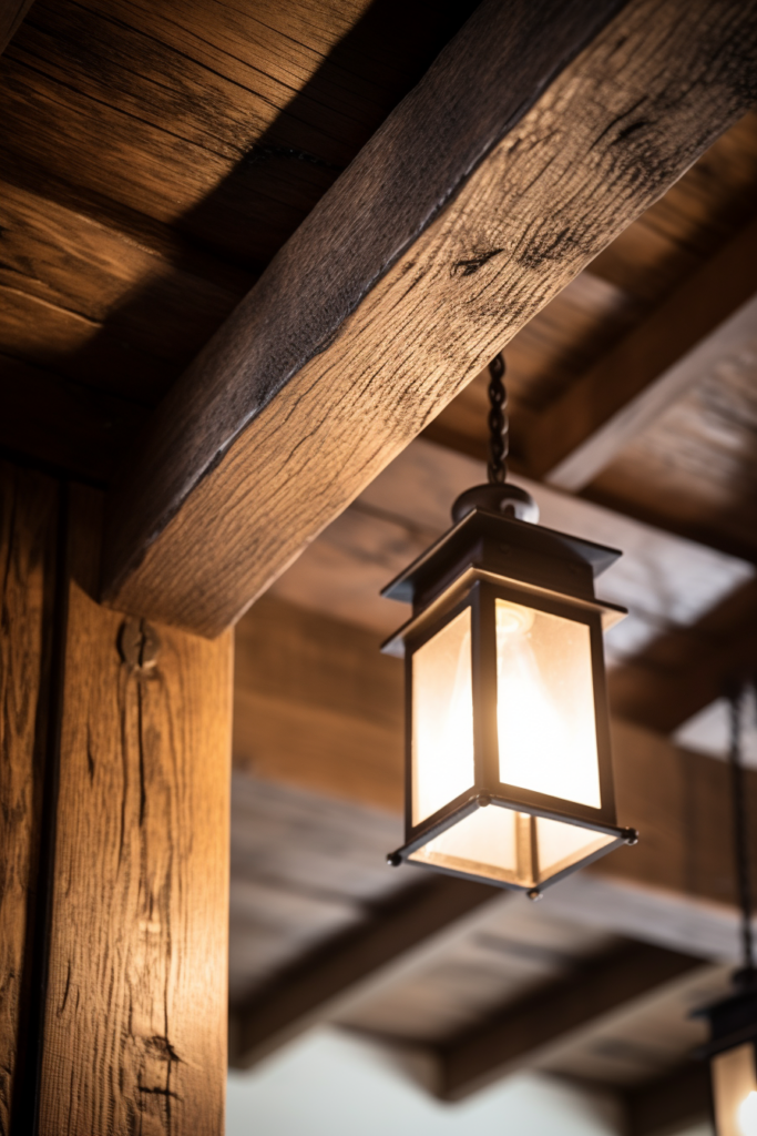 In a Countryside House, a lamp elegantly hangs from a wooden beam, adding warmth and charm to the inviting dining room. The Interior Design of this Country House creates a cozy ambiance that