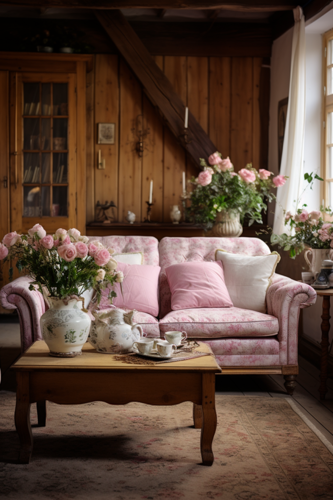 A pink couch in an interior design inspired living room.