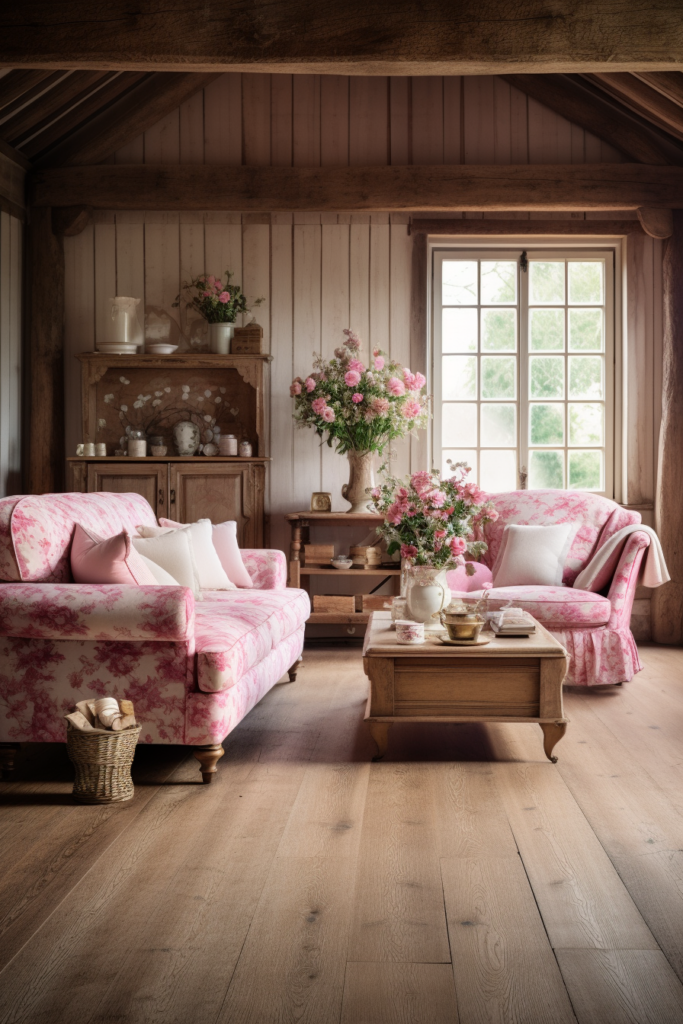 A countryside house living room with pink couches and a coffee table, serving as an inspiration for interior design.