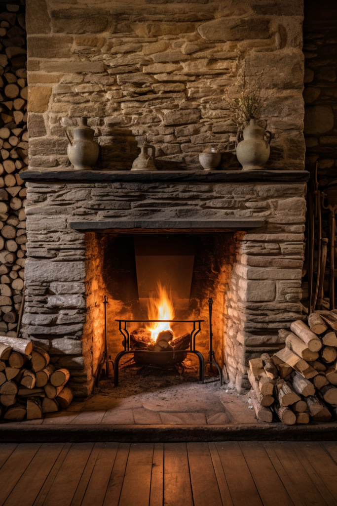 A cozy Country House fireplace with logs in it, perfectly complementing the rustic interior design of this charming Countryside House.