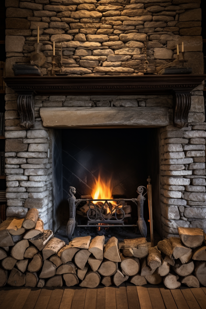 A cozy stone fireplace with logs in it, adding a rustic touch to the interior design of a countryside house.