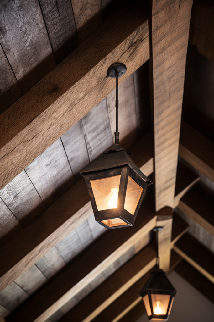 Two countryside-inspired lights hanging from wooden beams in a house interior design.