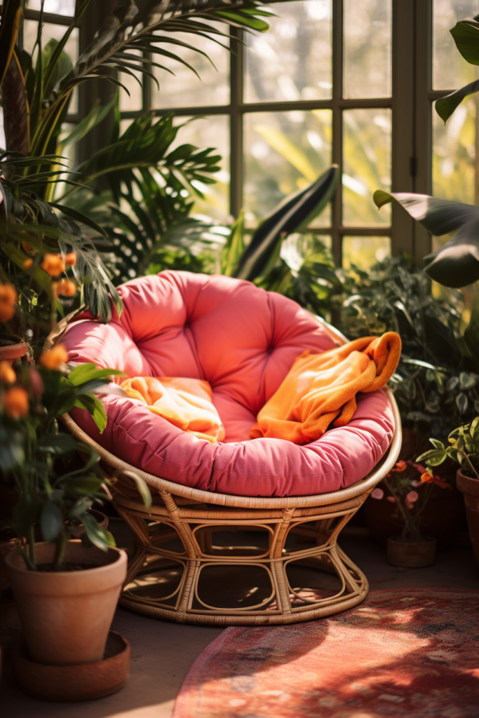 The ultimate cozy chair for reading bliss in a room with potted plants.