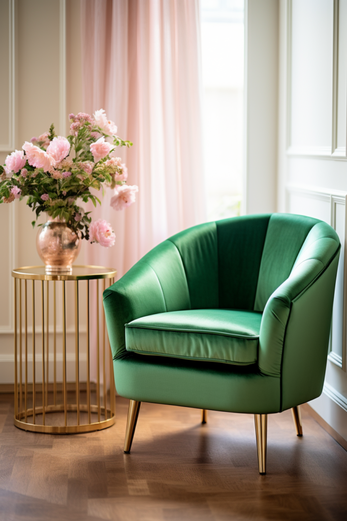A cozy green velvet chair in a room with pink flowers provides reading bliss.