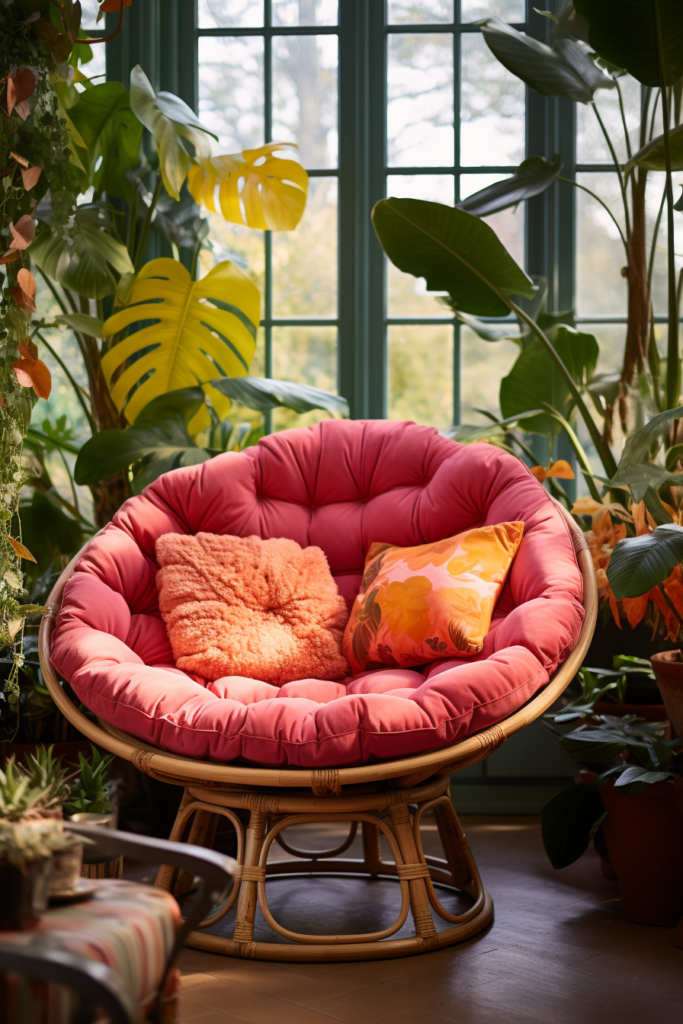 The ultimate cozy chair, a pink rattan chair, placed in front of a window creates reading bliss.