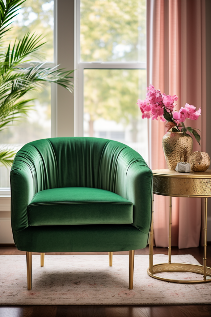 A cozy green velvet chair positioned in front of a window, inviting moments of reading bliss.
