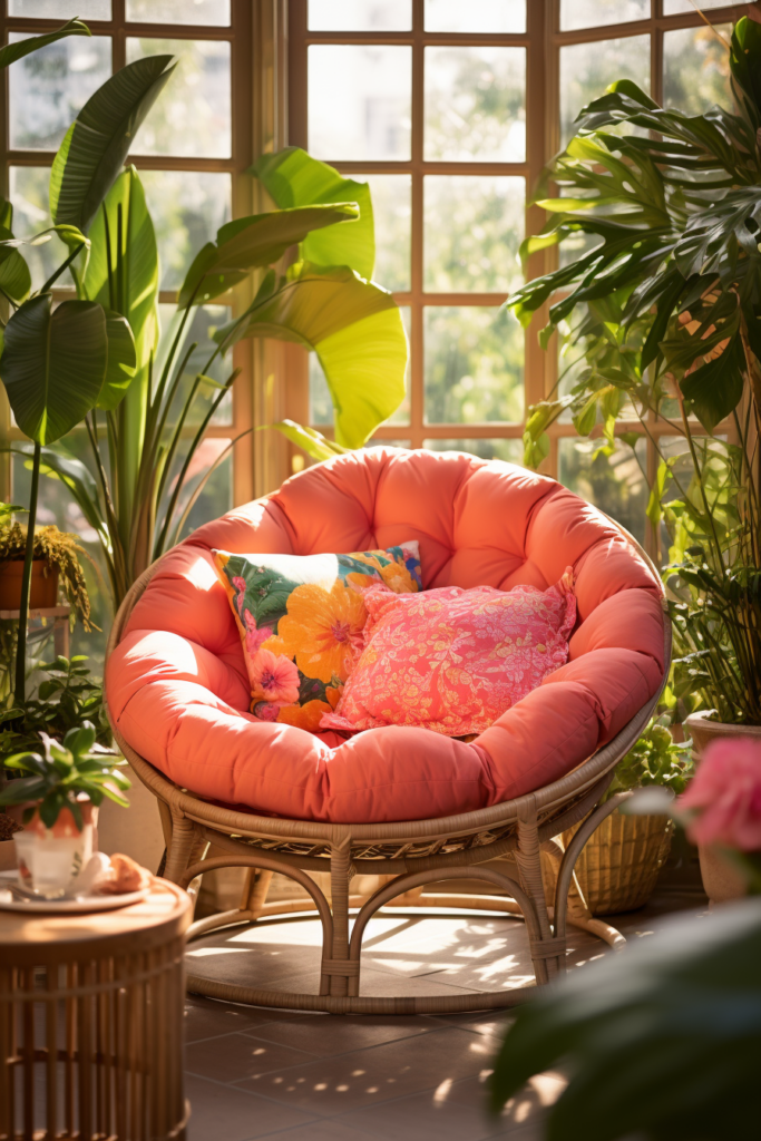 A cozy chair in a room with a lot of plants, perfect for reading and experiencing pure bliss.