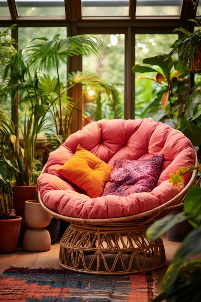 A cozy pink chair in a room with potted plants, perfect for blissful reading.