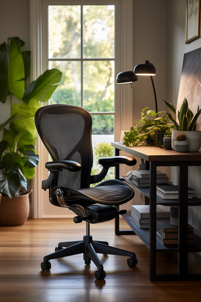 A cozy black office chair positioned in front of a window, providing reading bliss.