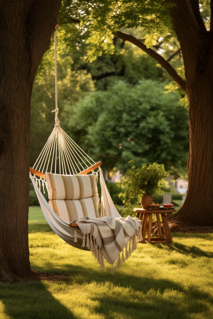 A cozy hammock hanging from a tree, perfect for reading bliss.