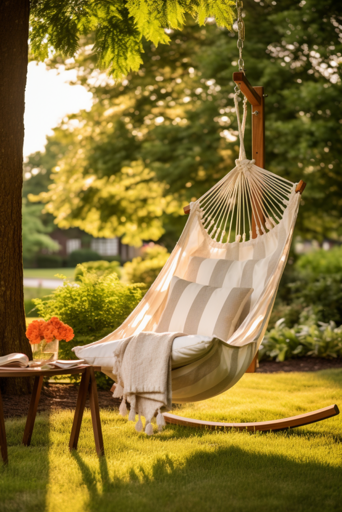 Experience reading bliss in a cozy yard hammock with a table and chairs.