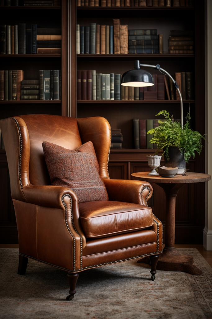 A cozy brown leather chair in front of a bookcase, perfect for reading bliss.