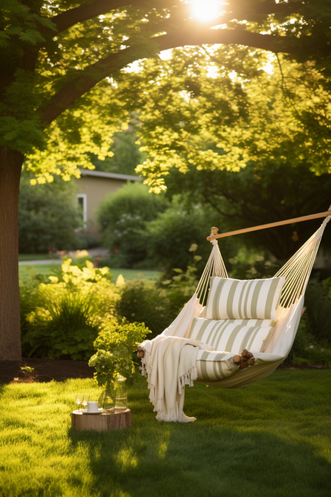 A cozy hammock, perfect for reading and experiencing pure bliss as it sits in the lush grass beneath a towering tree.