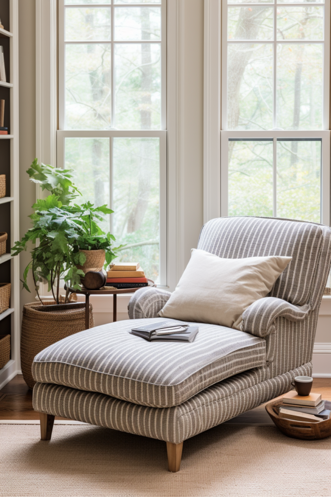 A cozy chaise lounge in front of a window, offering reading bliss.