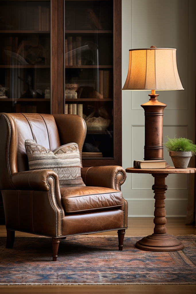 A cozy brown leather chair perfect for blissful reading, accompanied by a stylish lamp.