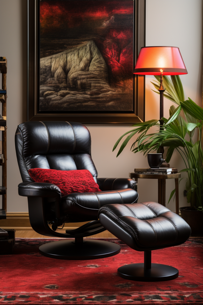 A cozy black leather recliner, perfect for reading bliss.