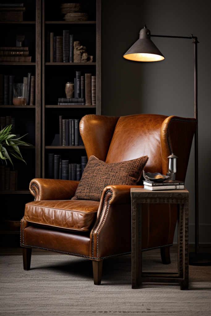 A cozy brown leather chair in front of a bookcase, creating the perfect reading bliss.