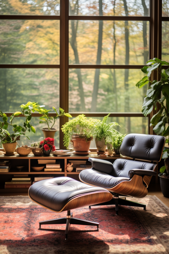 A cozy eames lounge chair in front of a window, perfect for reading.