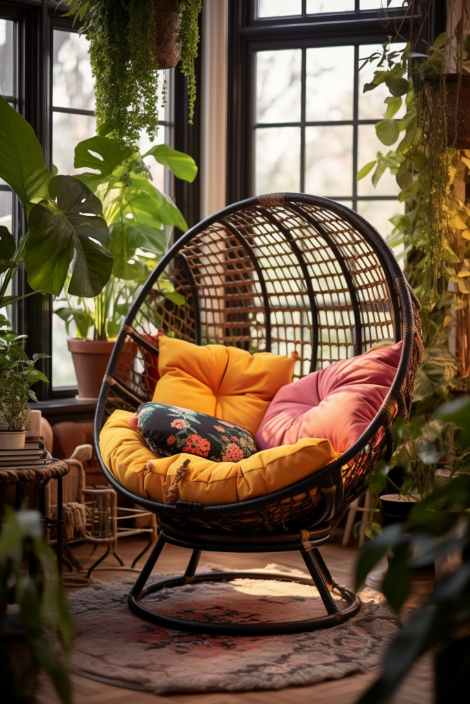 A cozy rattan swivel chair in a room with plants, creating a perfect reading bliss.