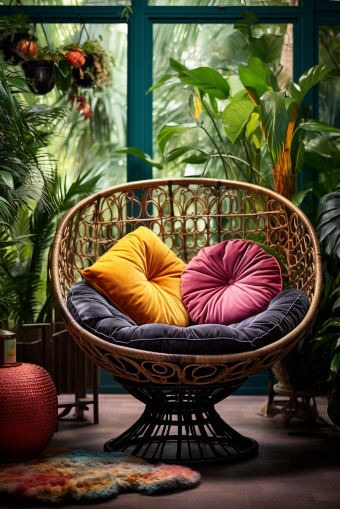 A cozy rattan chair with colorful pillows in front of a window, offering ultimate relaxation for reading bliss.
