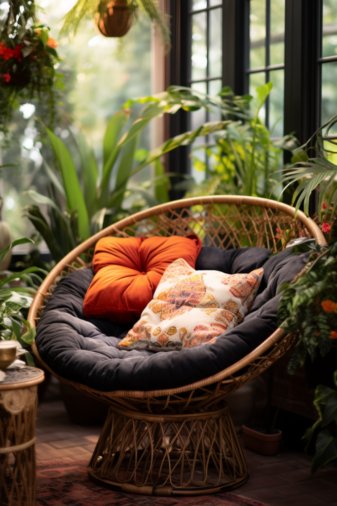 A cozy wicker chair surrounded by lush plants, perfect for reading.