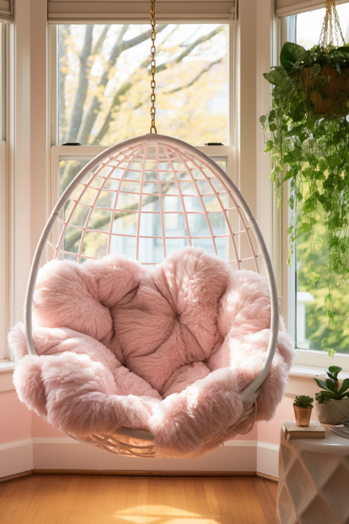 A cozy pink hanging chair in a room with a window, creating a reading bliss.
