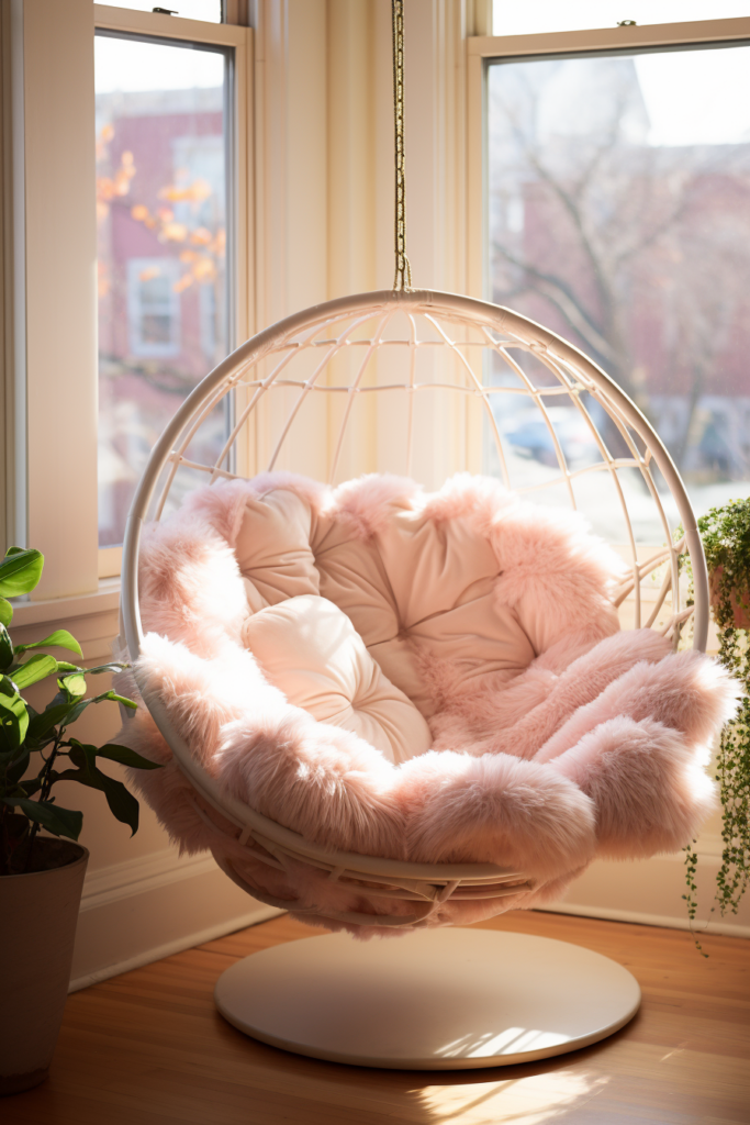 A blissful pink hanging chair placed in front of a window, perfect for reading and offering a cozy spot to relax.