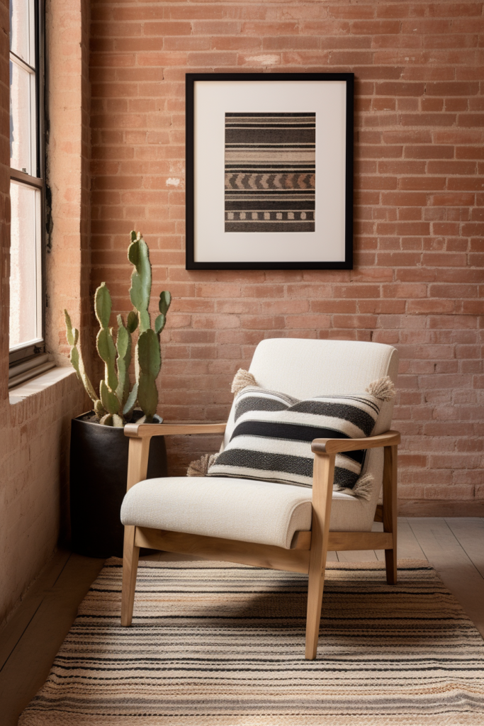 A cozy chair in front of a brick wall and a cactus, creating reading bliss.