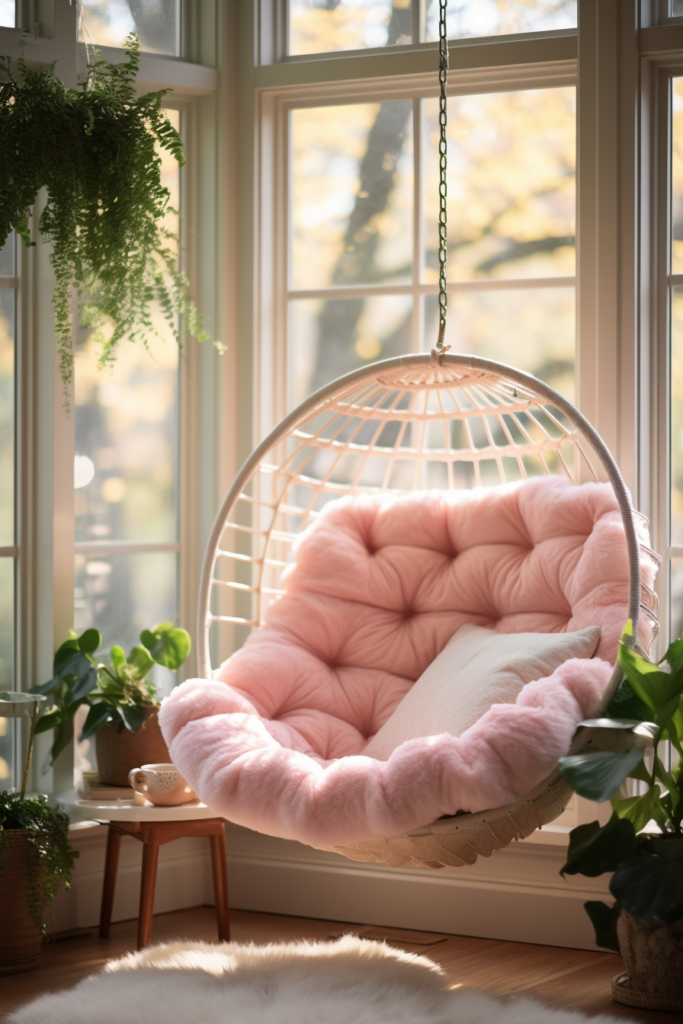 A cozy pink hanging chair, creating a reading bliss in front of a window.