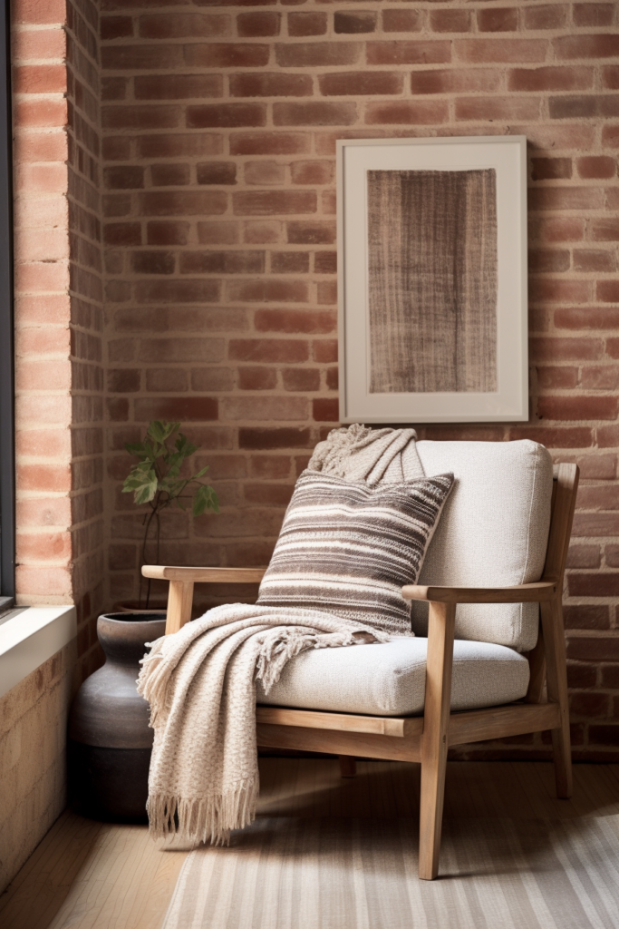 A cozy wooden chair in front of a blissful brick wall, perfect for reading.