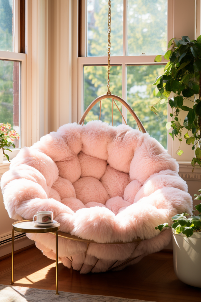 A cozy, fluffy pink chair in front of a window, perfect for reading bliss.