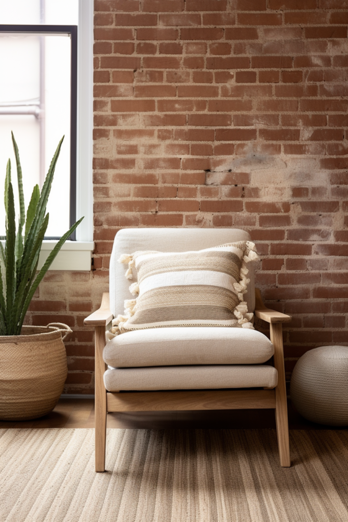 The ultimate cozy chair nestled in front of a brick wall, creating a reading bliss ambiance.