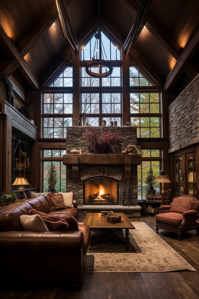 A large living room with a fireplace, serving as the anchor and focal point, featuring large windows that offer ample natural light.