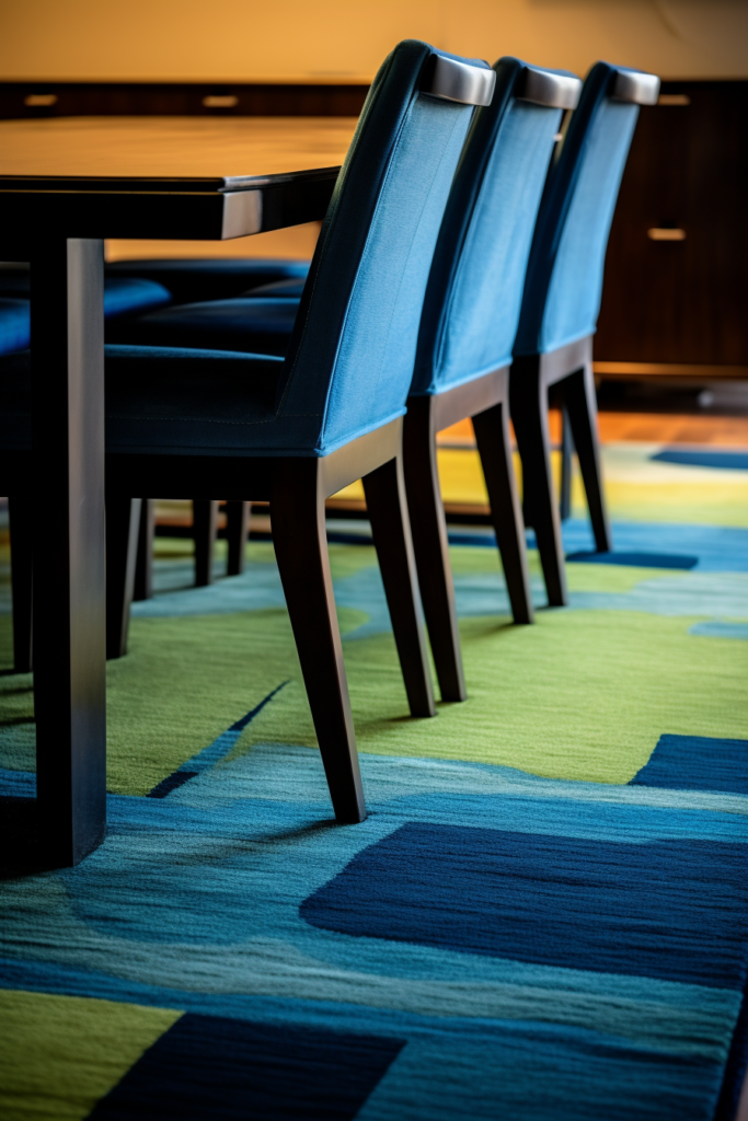A blue and green rug that can anchor and serve as a focal point in living and dining areas.