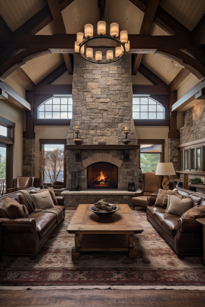 Creating a focal point, this living room features a large stone fireplace.