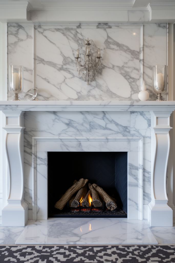 A white fireplace acts as a focal point, anchoring the living and dining areas with its elegant marble mantle.