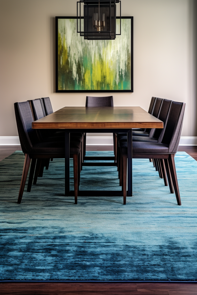 A dining room with a blue rug serving as a focal point for the space.