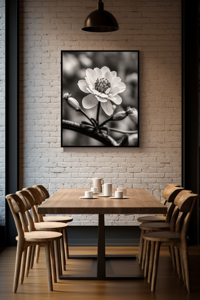 A black and white photo of a flower serving as a focal point above a dining table.