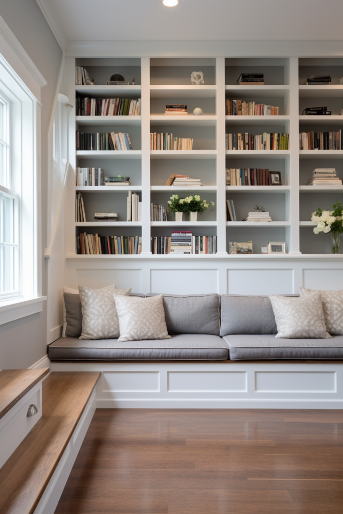 The living room serves as both a living and dining area, featuring a comfortable couch and elegant bookshelves that act as both a focal point and an anchor within the space.