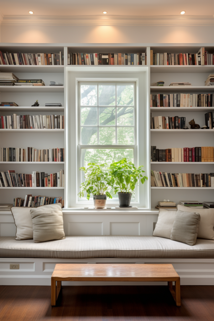 A window with bookshelves that serve as a focal point and anchor the living and dining areas.
