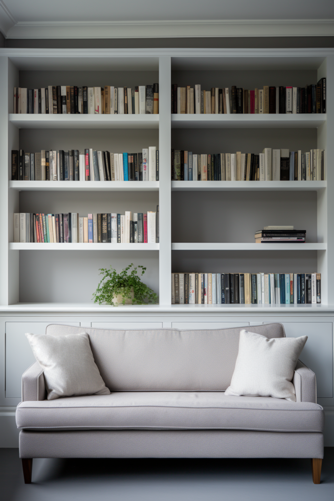 Creating a focal point, a couch is placed in front of a bookshelf to anchor the space.