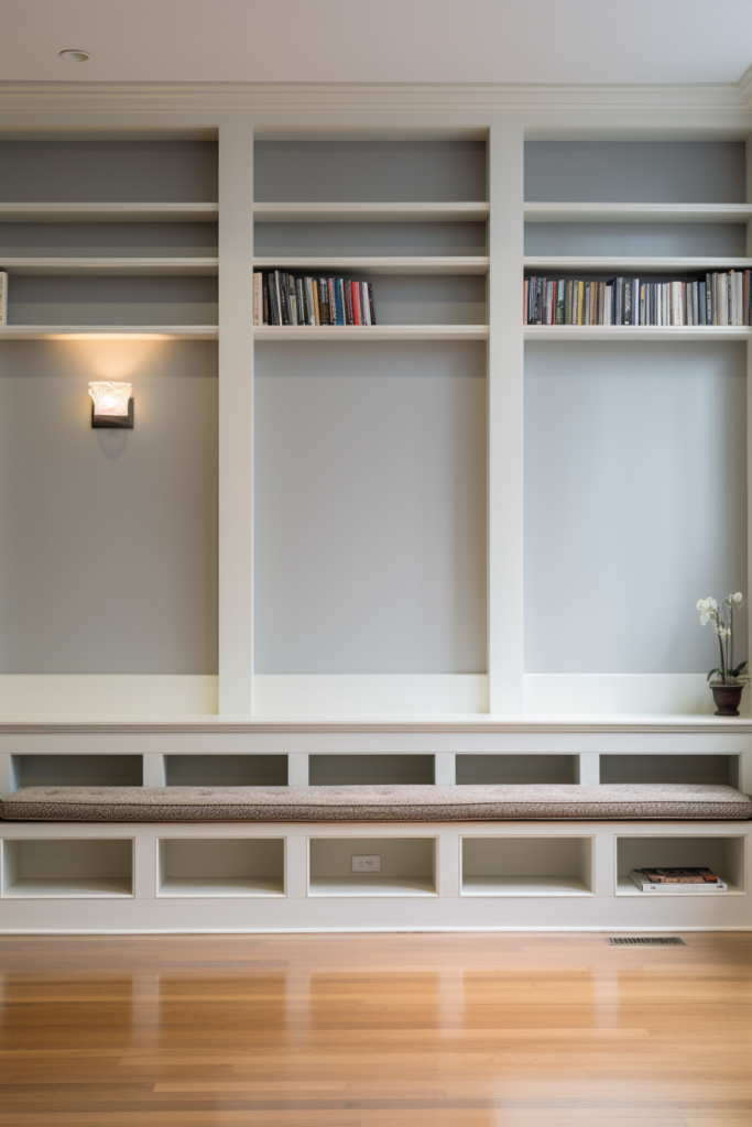 A room with bookshelves serving as a focal point.