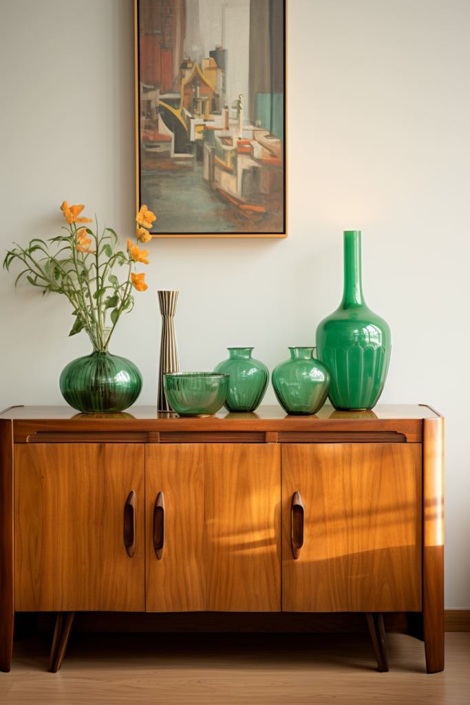 Creating a focal point, this wooden sideboard anchors the room with vases and a painting.
